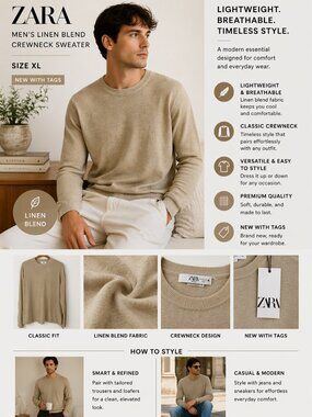 Zara Mens Sweater Linen Blend Crewneck Lightweight Classic Preppy XL Minimalist